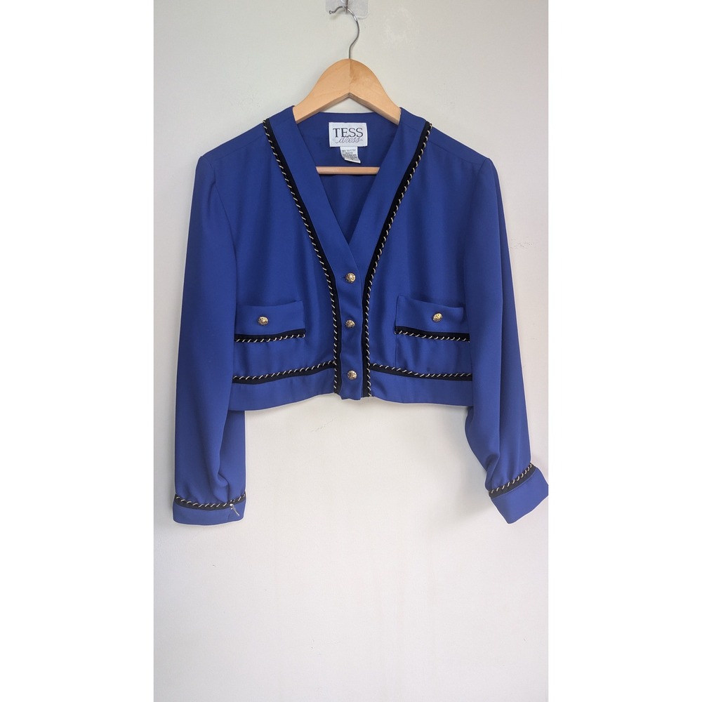 Vintage TESS Cropped Jacket Womens 12 Royal Blue Gold Chain Trim 80s Glamm